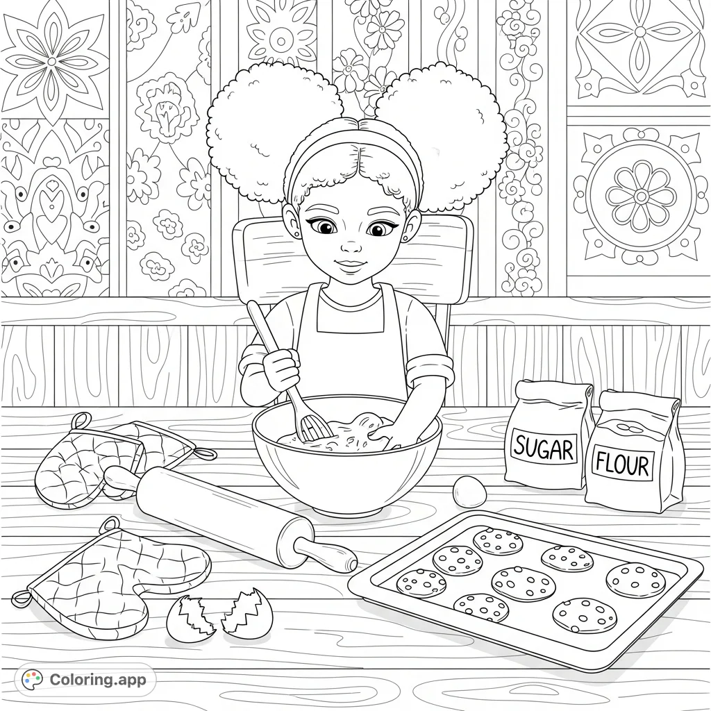 A heartwarming kitchen scene featuring a little girl with afro puffs baking chocolate chip cookies, surrounded by all her baking essentials. A delightful free printable coloring page.