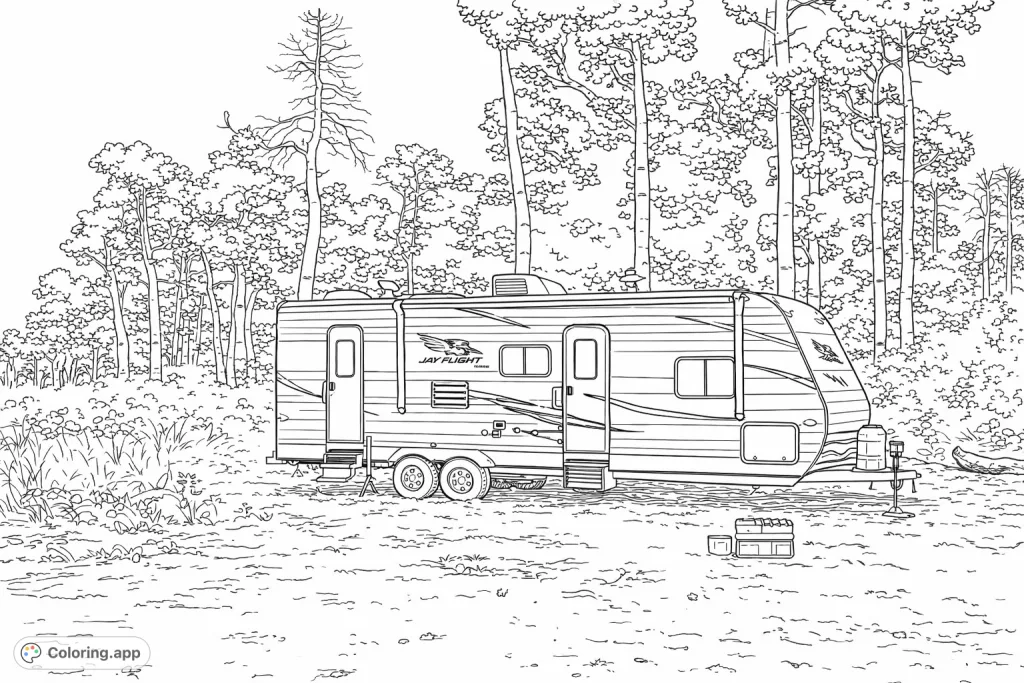 Explore the wilderness with this detailed camping trailer coloring page. Parked among tall trees and natural scenery, it's perfect for camping enthusiasts and adventurers.