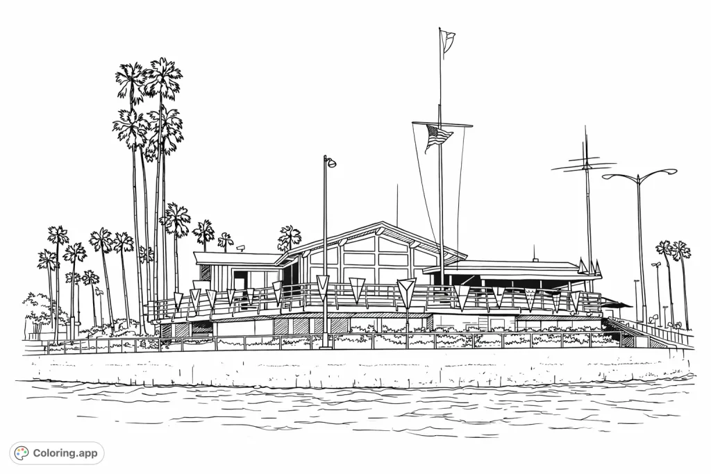 A detailed waterfront building, adorned with flags, surrounded by tall palm trees, and overlooking a body of water. Perfect for a coastal architecture coloring page.