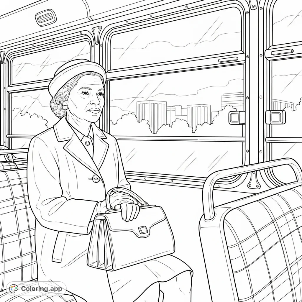 A dignified Rosa Parks sits calmly in the front of a city bus, gazing thoughtfully out the window, capturing a pivotal moment in history.