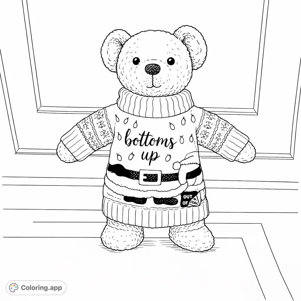 Get into the festive spirit with this charming bear in a holiday sweater. A free printable coloring page perfect for relaxation and creative fun.