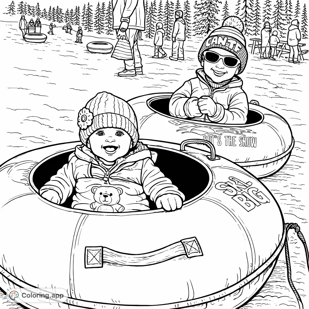Capture the fun of winter with this delightful coloring page featuring two happy children in snow tubes. Perfect for cozy coloring sessions!