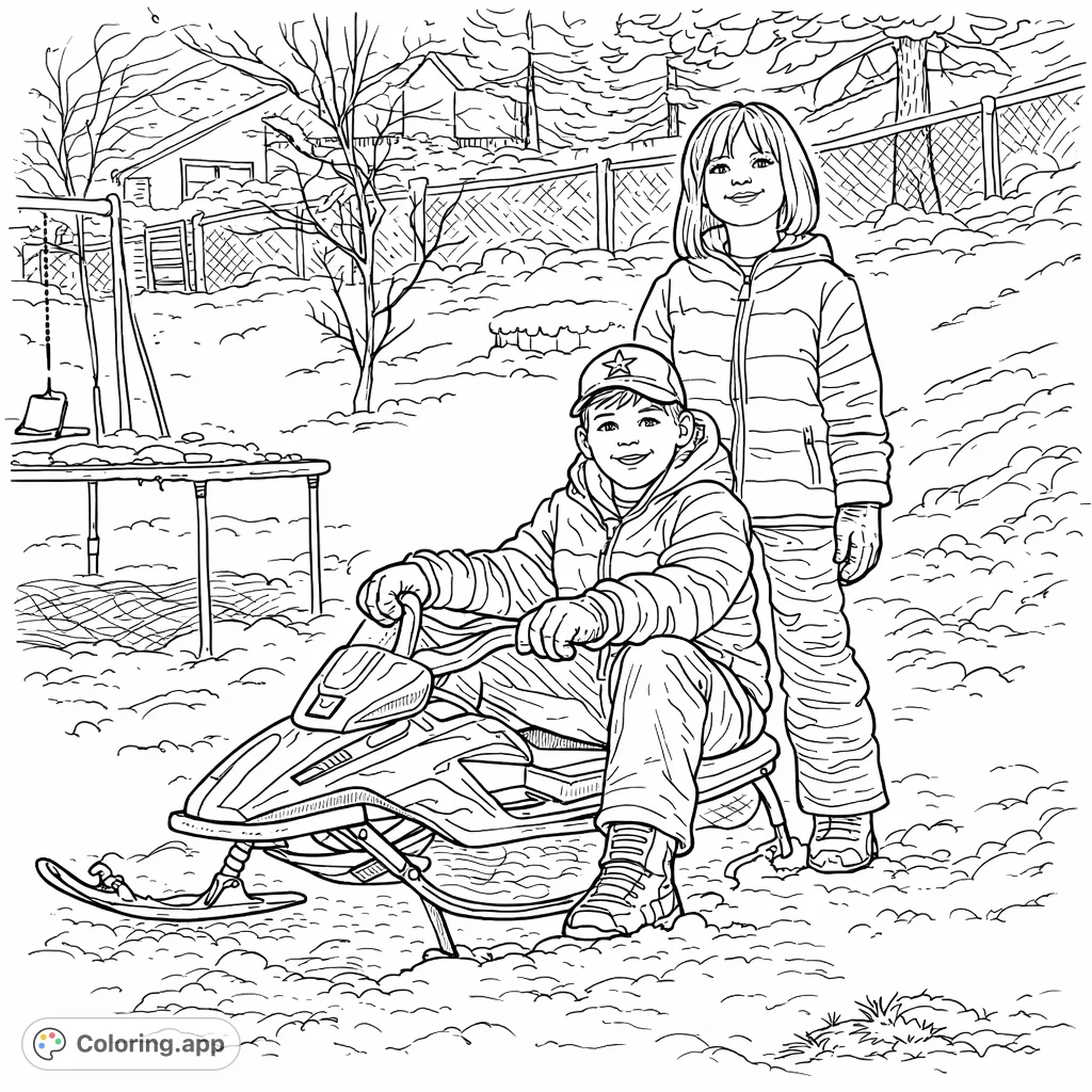 Two cheerful children enjoy a snowy day, one riding a cool snow sled and the other standing close by. A detailed winter fun coloring page for all ages.