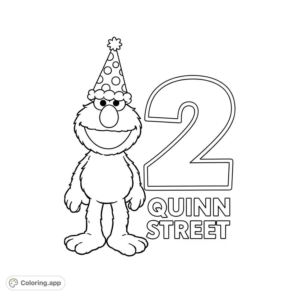 Celebrate with Elmo! A free printable Elmo coloring page featuring Elmo in a birthday hat next to a stylized number '2' and 'Quinn street' text.