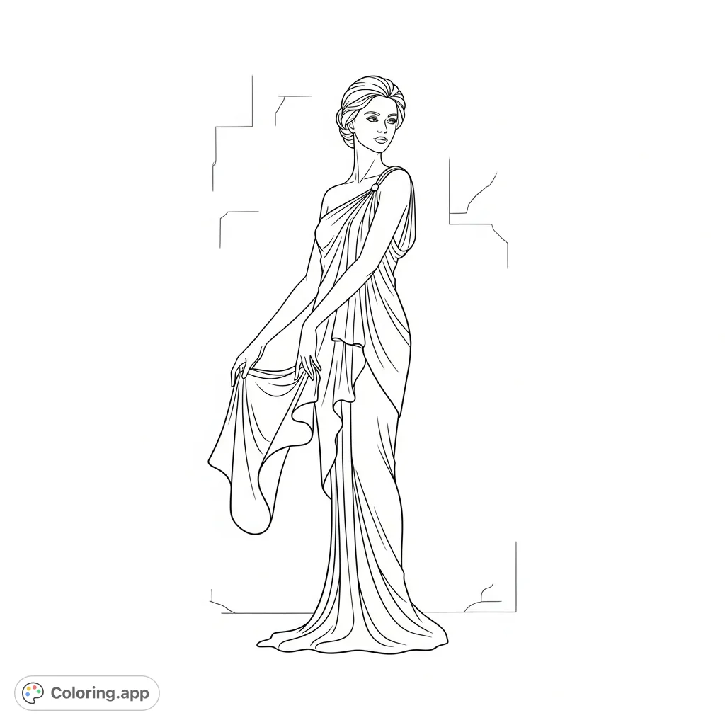 An elegant female figure captured in a classic pose, offering a sophisticated and timeless subject. This unique coloring page is perfect for art enthusiasts.