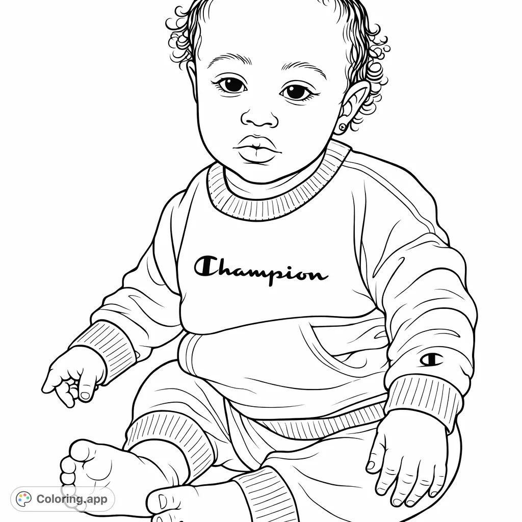 An adorable baby in a stylish Champion top, ready for your creative touch. This cute infant coloring page offers a delightful canvas for all ages to enjoy.