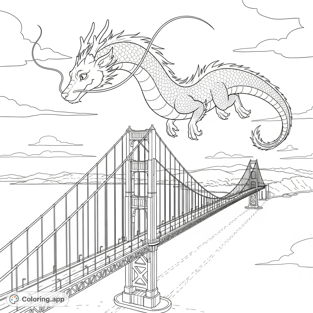 Falcore the majestic luck dragon soars gracefully above the iconic Golden Gate Bridge, a breathtaking scene blending fantasy and reality. A magical flight awaits your colors!