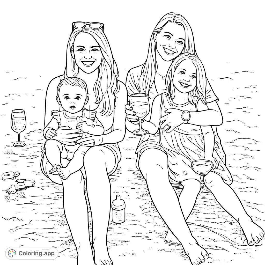 A heartwarming beach scene featuring two women and two children seated on the sand, sharing a joyful moment. Perfect for a relaxing coloring experience.
