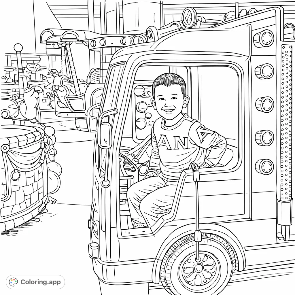 A joyous child grins from a toy truck, ready for an adventure. This engaging coloring page features fun vehicle details and a playful atmosphere for young artists.