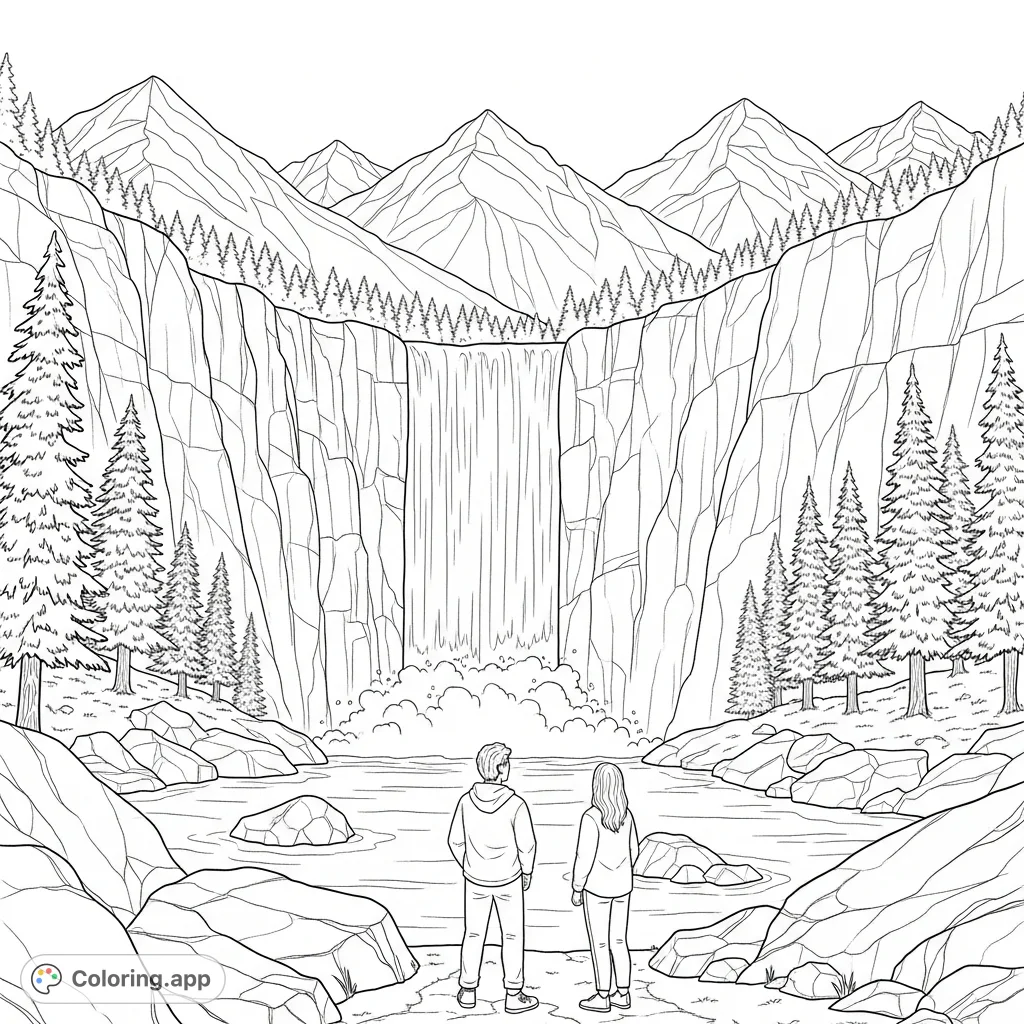 Join Chas and Lauren by a majestic mountain waterfall. This free printable coloring page features towering peaks, cascading water, and lush foliage, perfect for relaxation.