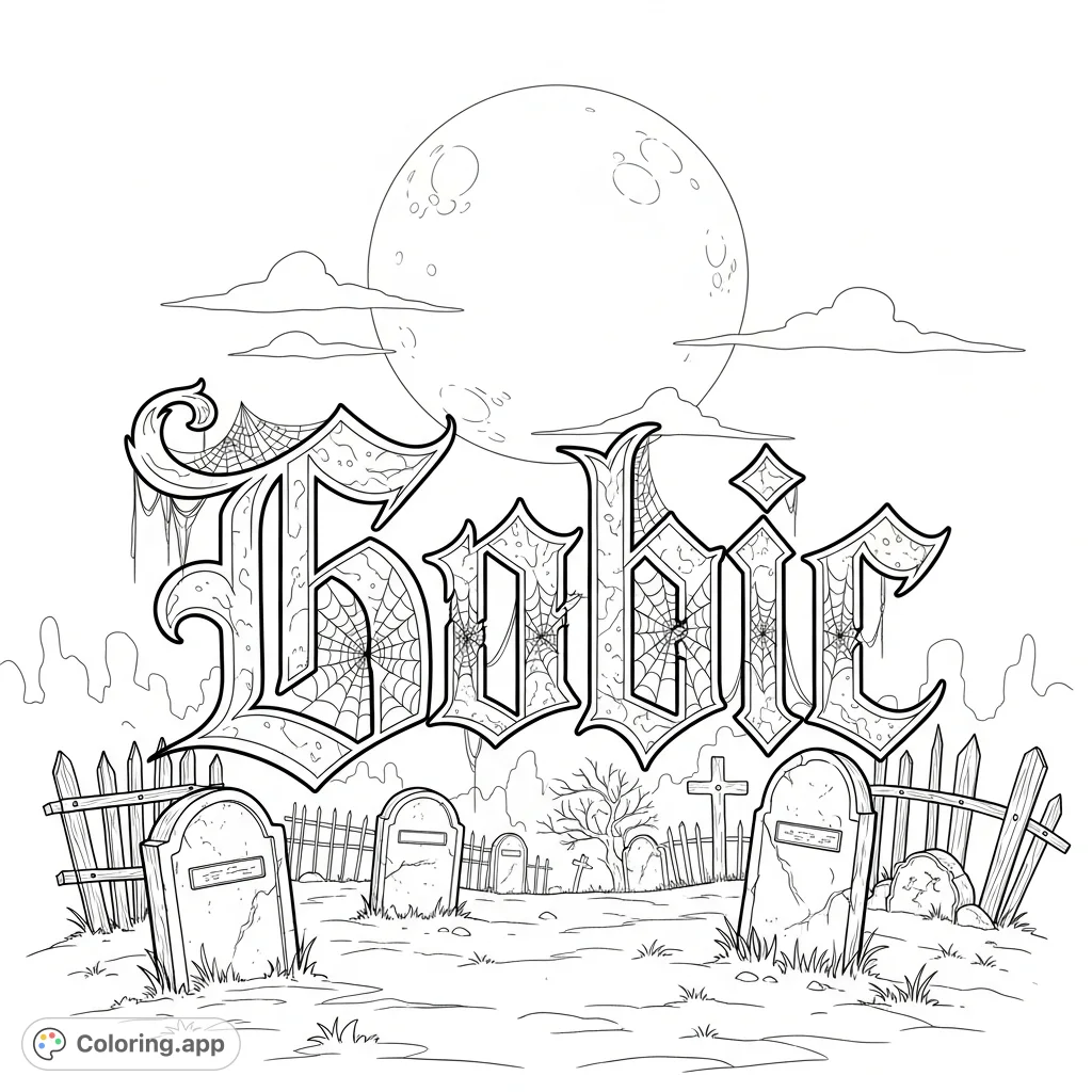 A haunting gothic typography design entwined with cobwebs, set against a mysterious graveyard under a full moon. A captivating adult coloring page.