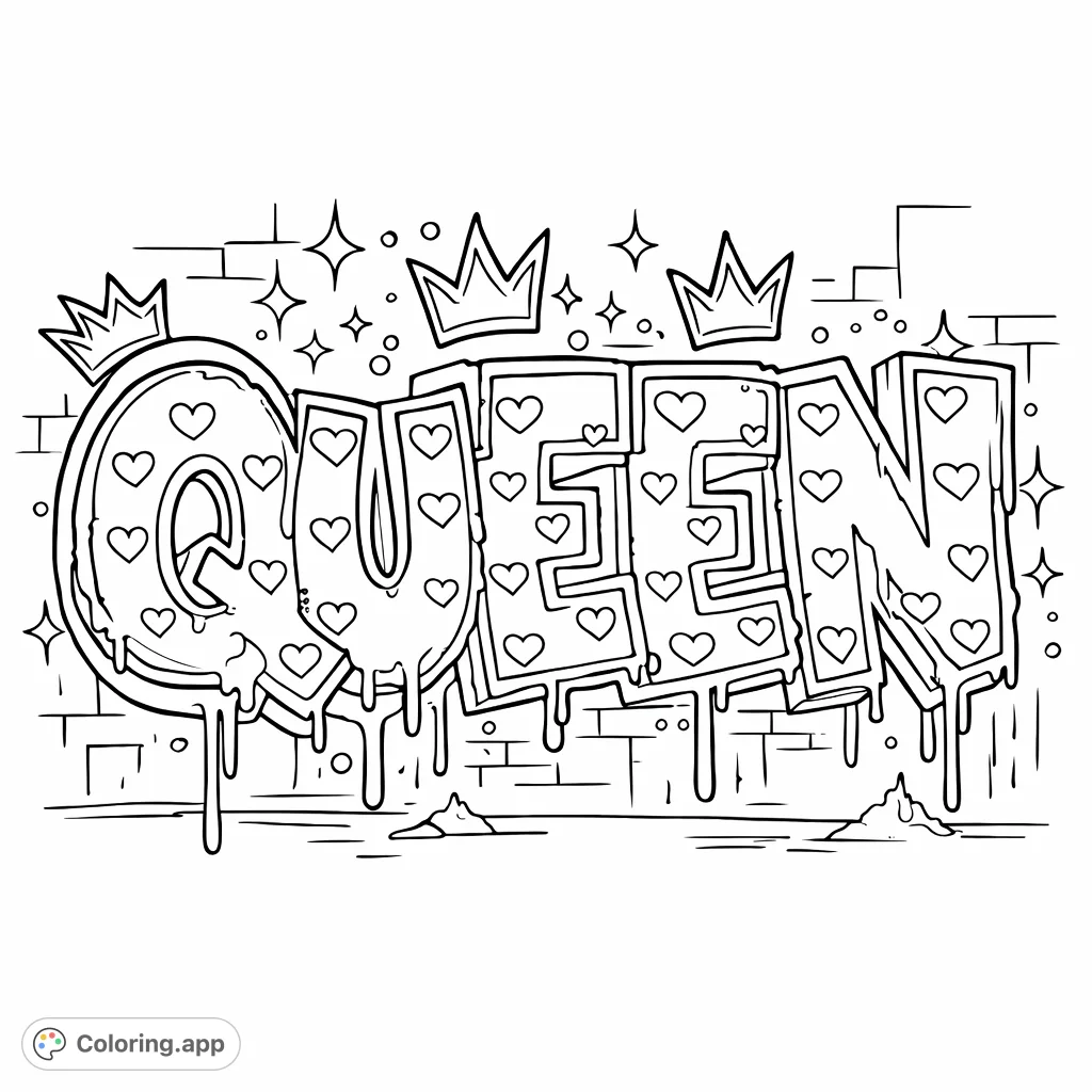 A vibrant graffiti-style 'QUEEN' coloring page featuring bubble letters, dripping effects, hearts, crowns, and stars on an urban brick wall background. Express your inner royalty!