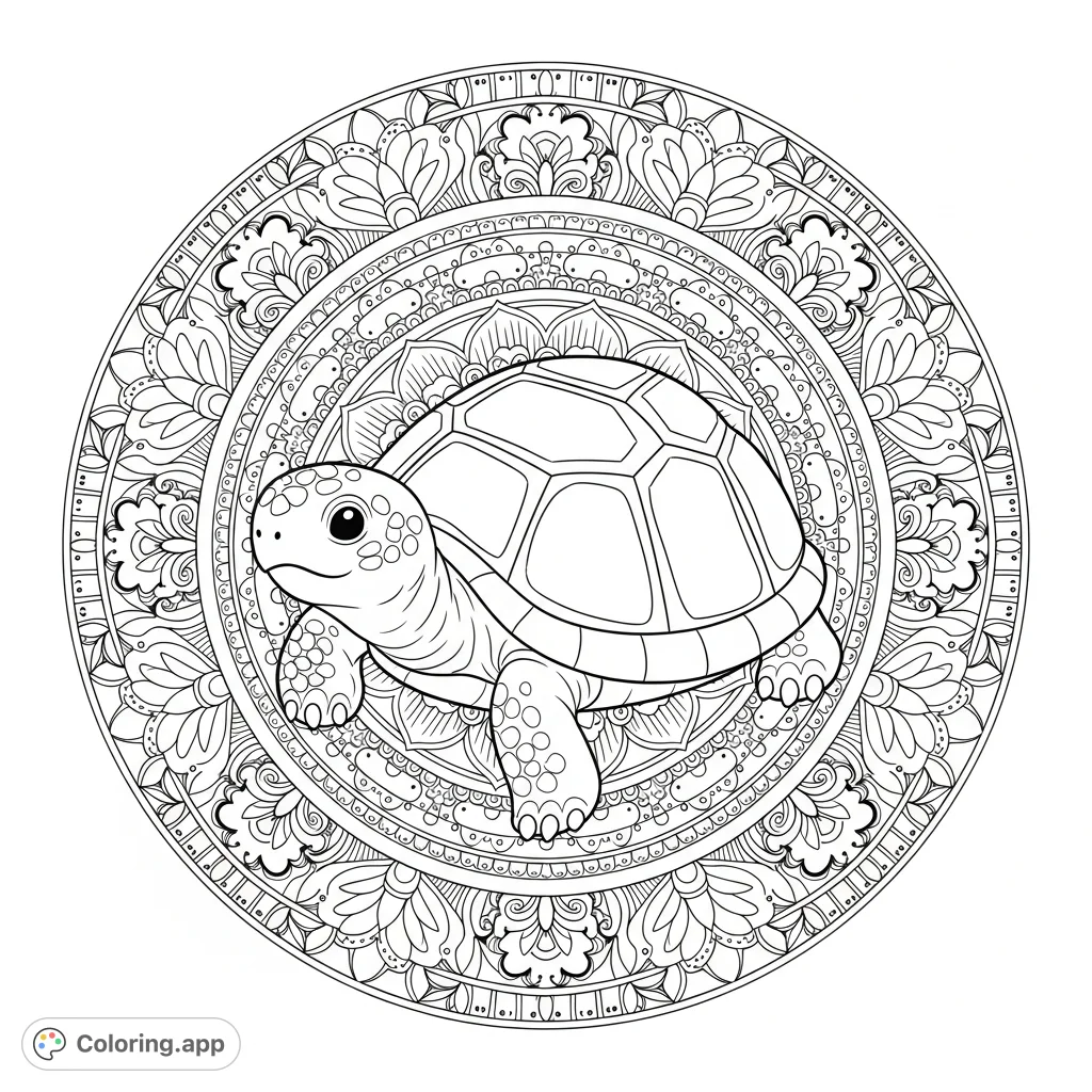 An adorable baby turtle rests amidst a mesmerizing mandala, inviting serene coloring. Intricate patterns and a charming creature combine for a unique artistic escape.