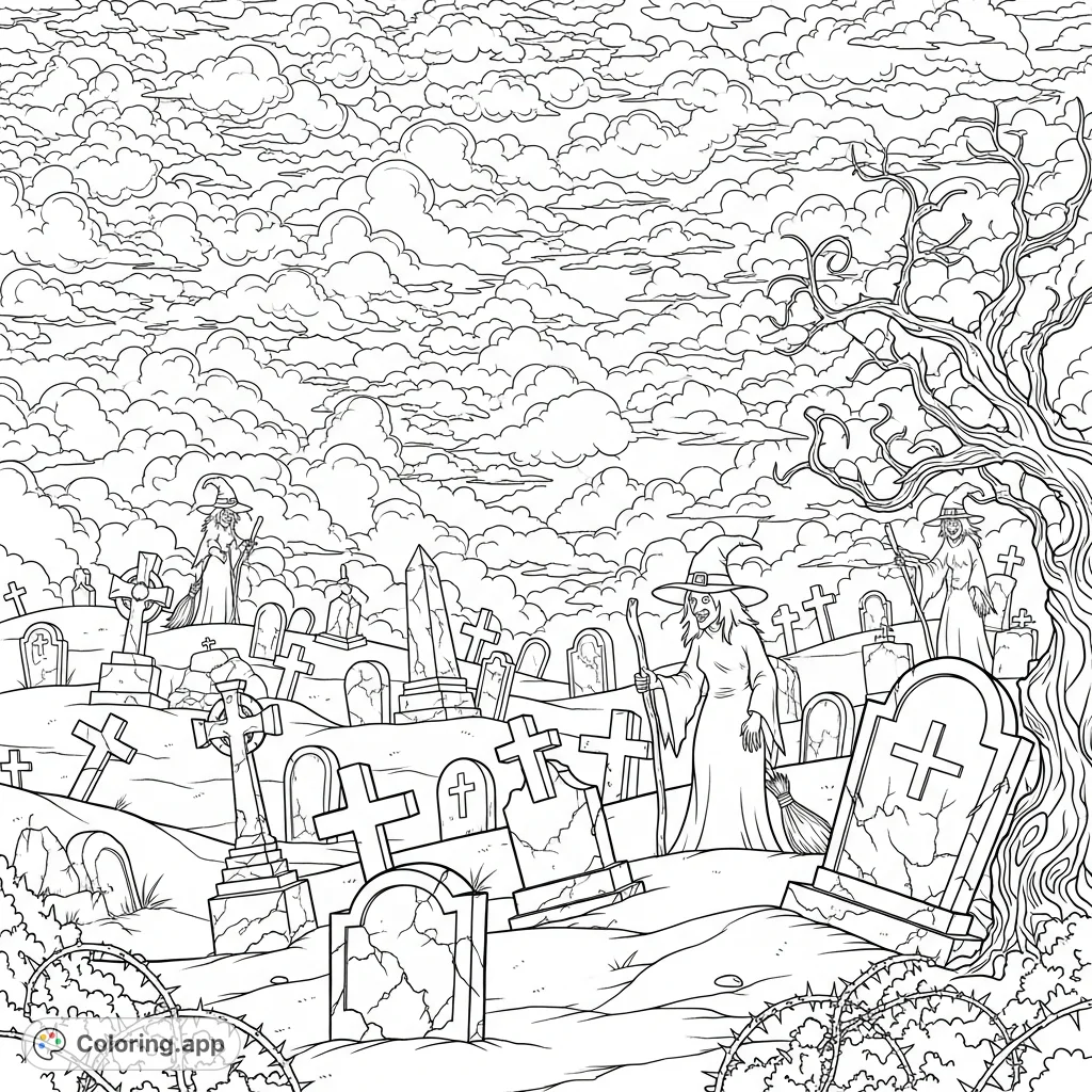 Eerie spooky graveyard with witches and gravestones under dark clouds. A perfect free printable coloring page for Halloween.