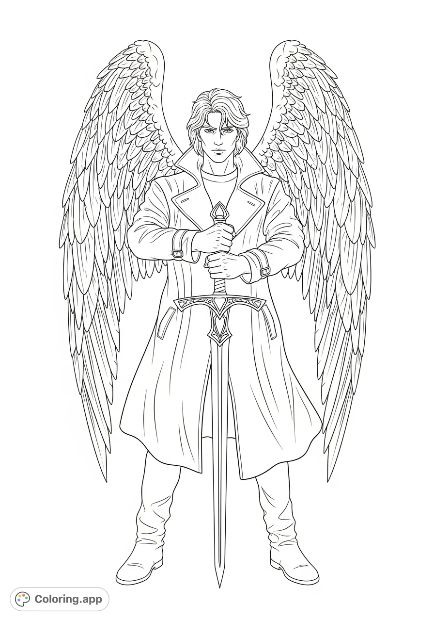 An imposing angelic figure in a trench coat, with sweeping, feathered wings and a protective sword stance. A detailed image for focus and creativity.