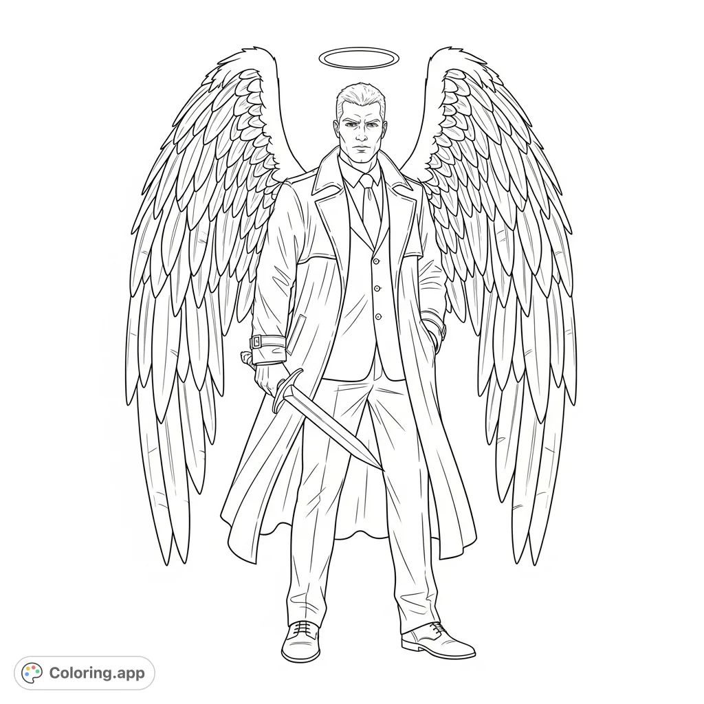 Color a powerful male angel, appearing in his late thirties, with a trenchcoat, suit, and large feathered wings, holding a short blade.