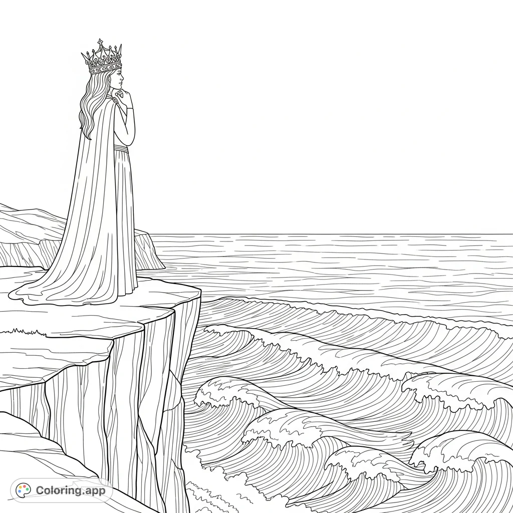 A majestic queen stands on a cliff, her gaze fixed on the powerful, rolling ocean waves below. This elegant scene offers a serene coloring experience.