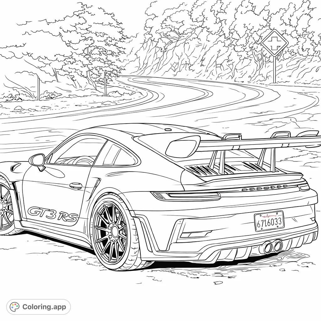 Experience the thrill of a high-performance sports car parked on a scenic mountain road. This detailed coloring page captures speed and design.