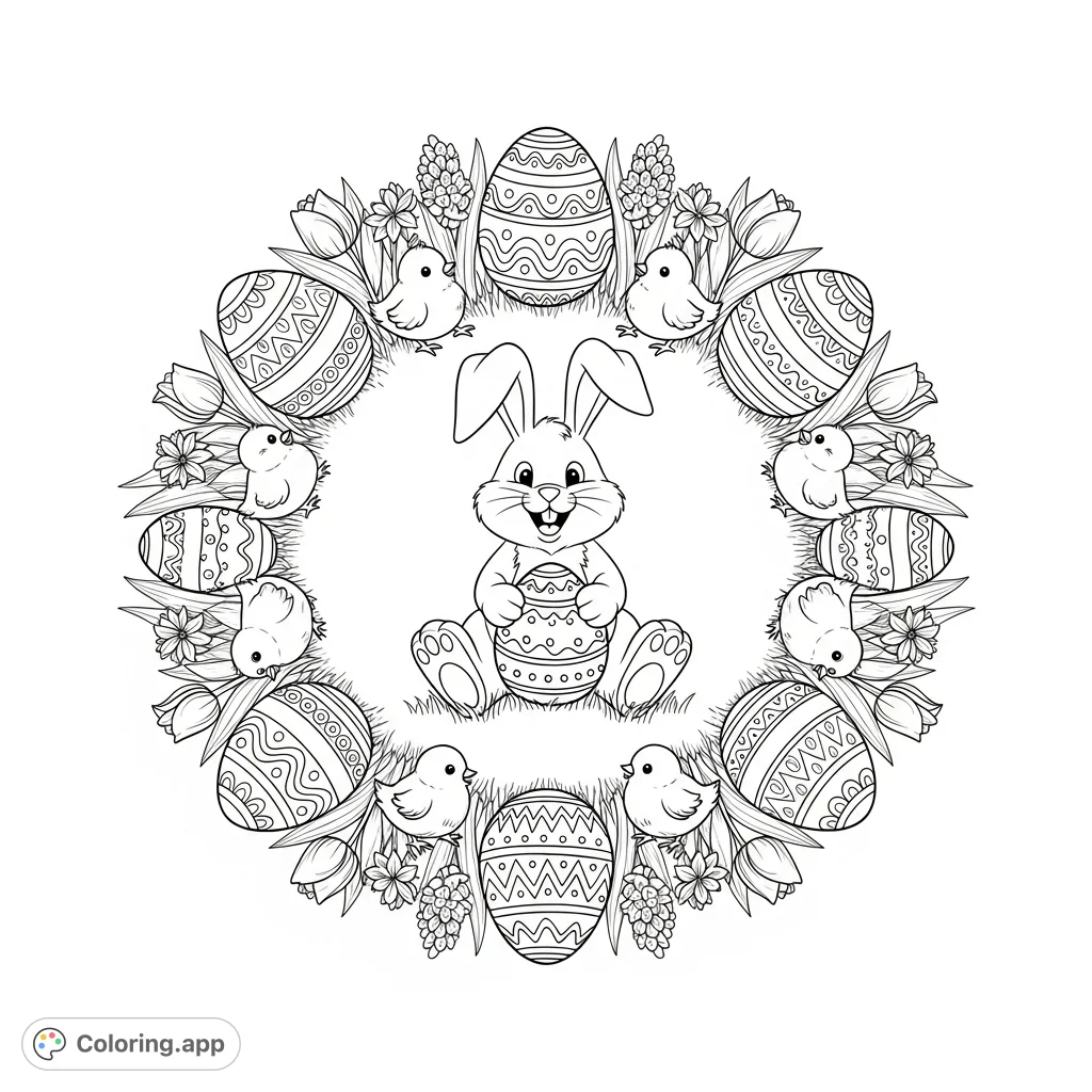 A delightful Easter bunny holds a decorated egg amidst a symmetric display of patterned eggs, chirping chicks, and blooming spring flowers. A festive Easter scene.