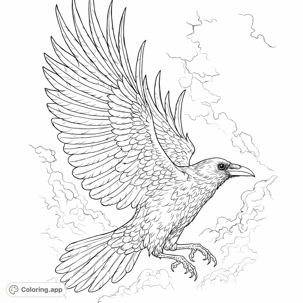 Soar with this majestic raven coloring page, featuring outstretched wings and a cloudy sky. A captivating design for all ages to bring to life.