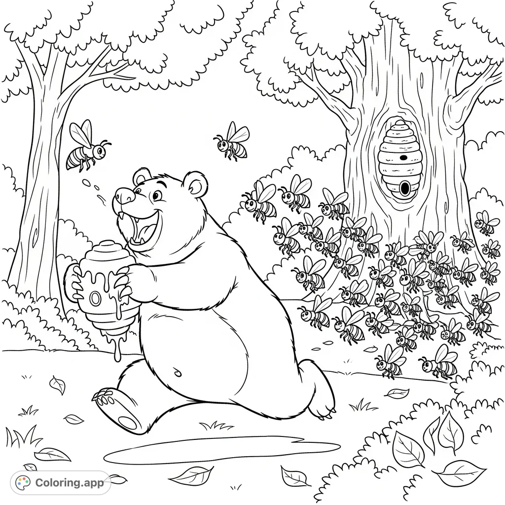 A mischievous bear makes a swift escape through a forest clearing, clutching a stolen honeycomb while a buzzing swarm of bees gives chase. A fun, dynamic coloring page.