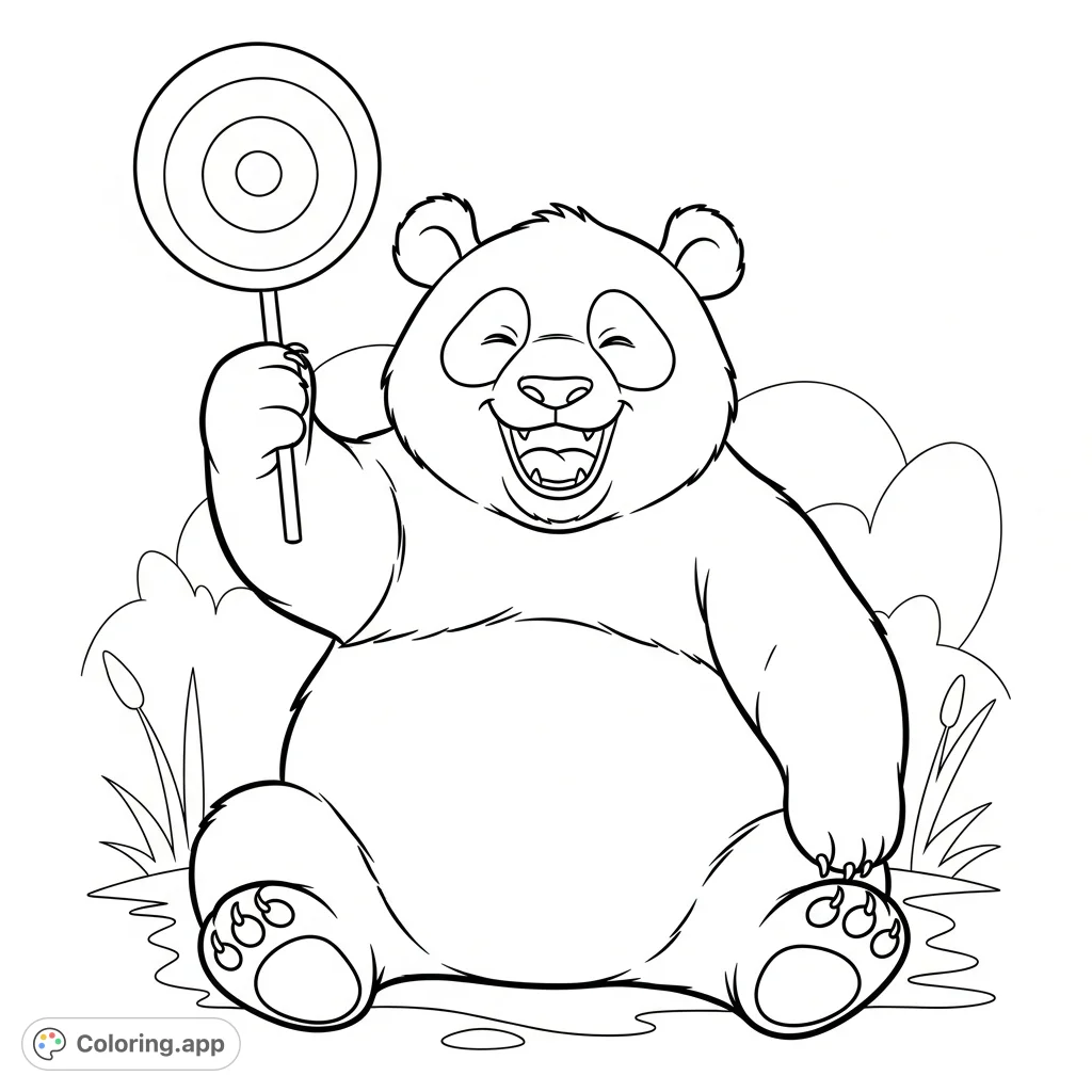A joyous Papa Panda celebrates finding a delicious swirled lollipop. This delightful and free printable panda coloring page brings a smile to all faces.