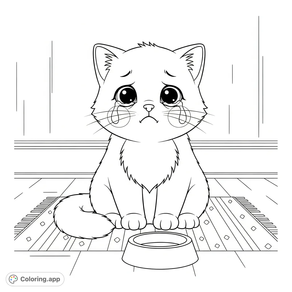 A poignant scene of a small, crying cat beside an empty bowl, evoking empathy and imagination. A heartwarming free printable cat coloring page.
