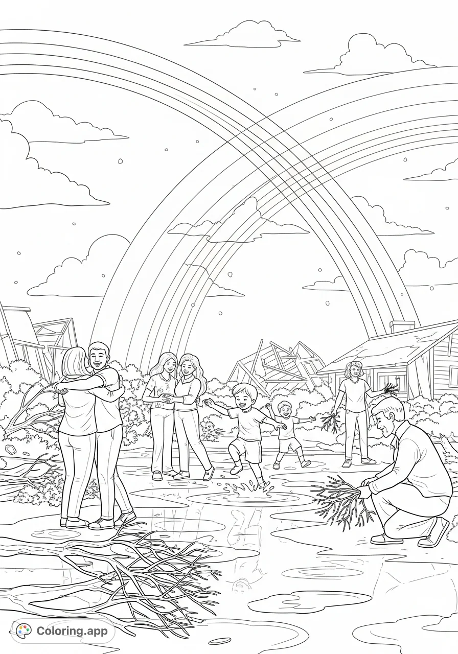 Discover a free printable coloring page depicting a vibrant community finding joy and resilience after a storm, featuring happy people and a beautiful rainbow. A hopeful scene.