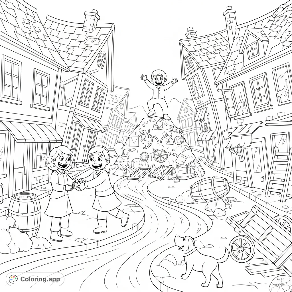 A vintage-style town shows the aftermath of a natural event, featuring broadly smiling people finding joy and community amidst gentle debris. Celebrate resilience!