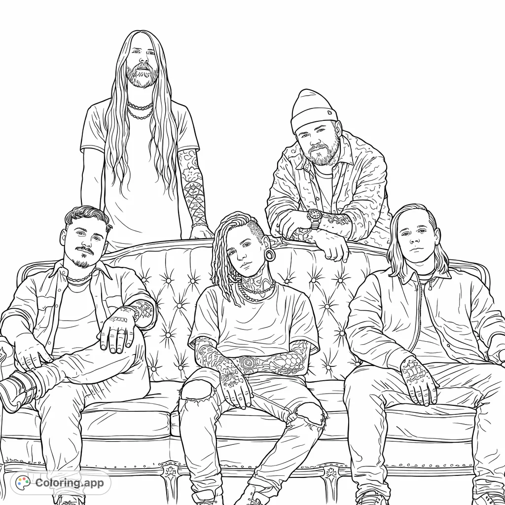 Color five stylish band members posing on a vintage sofa, featuring intricate tattoos and diverse fashion. A creative and engaging group portrait.