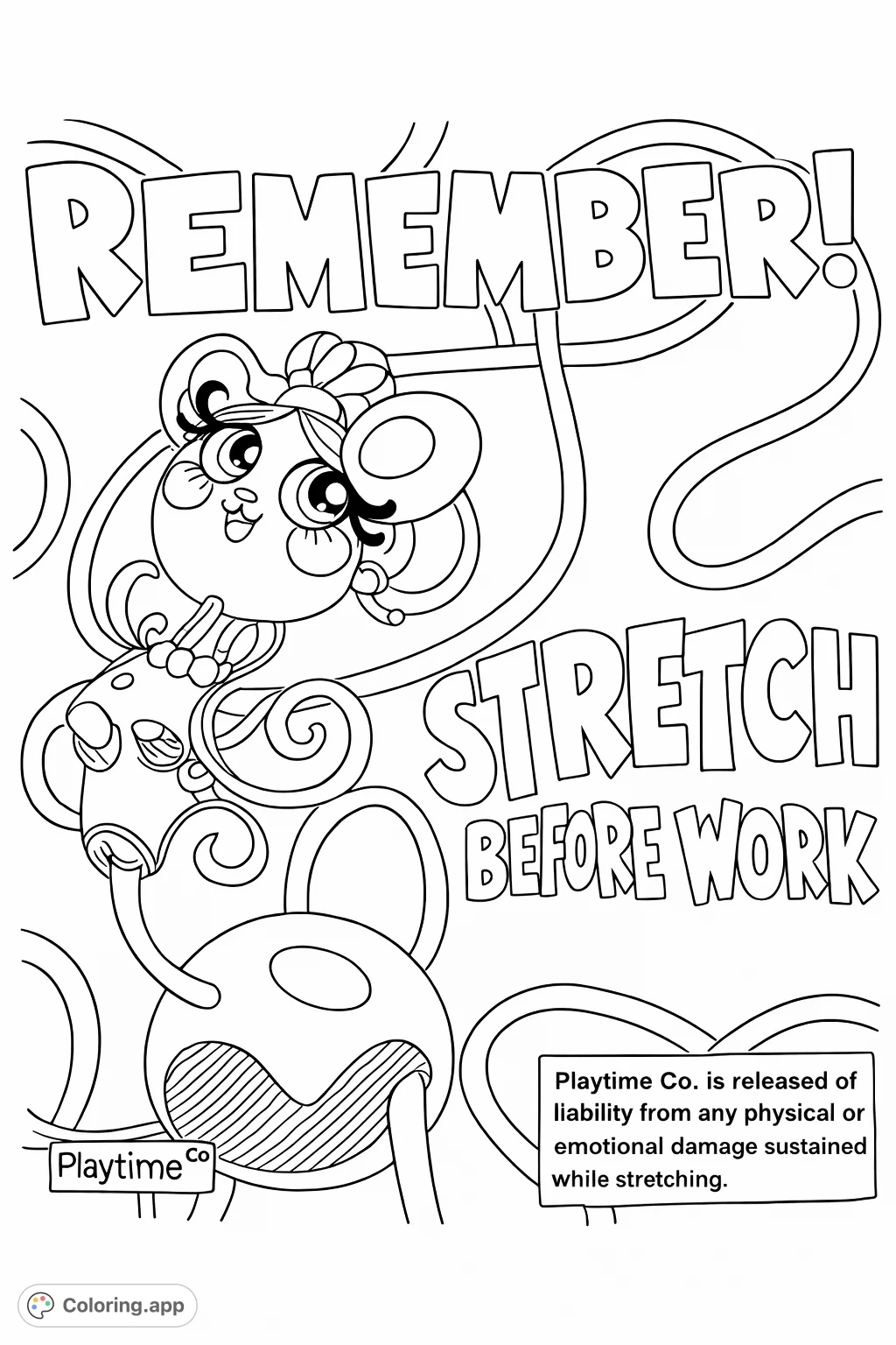 A playful yet eerie Mommy Long Legs from Poppy Playtime stretches amidst bold text on a distressed poster. Perfect for fans of the popular game.