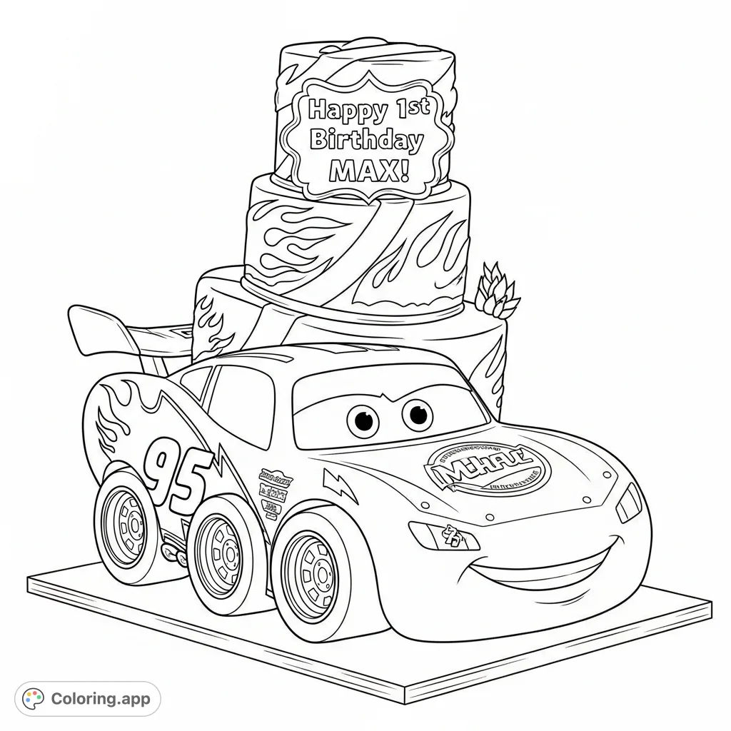 A delightful multi-tiered cake, intricately sculpted as Lightning McQueen for a 1st birthday celebration, complete with racing details and text.