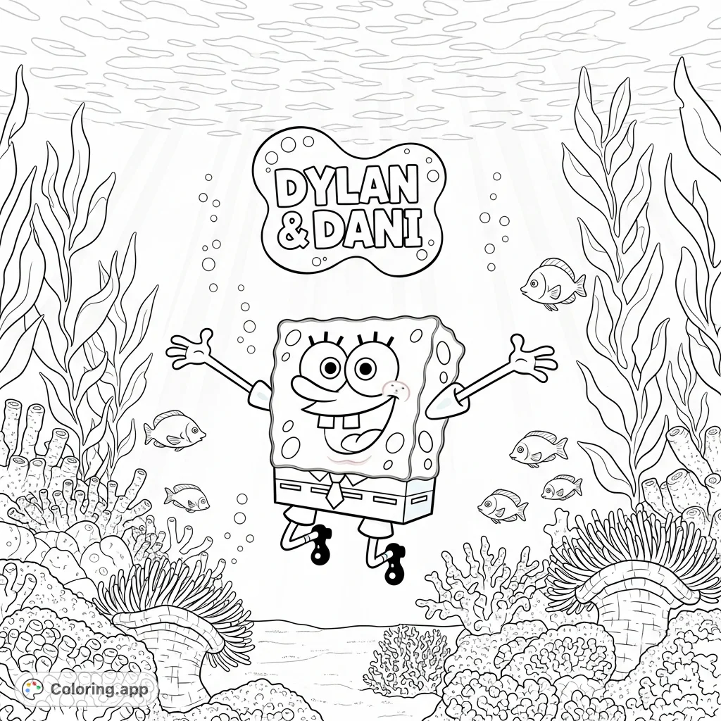 Join SpongeBob from Nickelodeon as he joyfully swims through a detailed coral reef, a 'Larry' banner floating above. A vibrant underwater scene awaits your creative touch!
