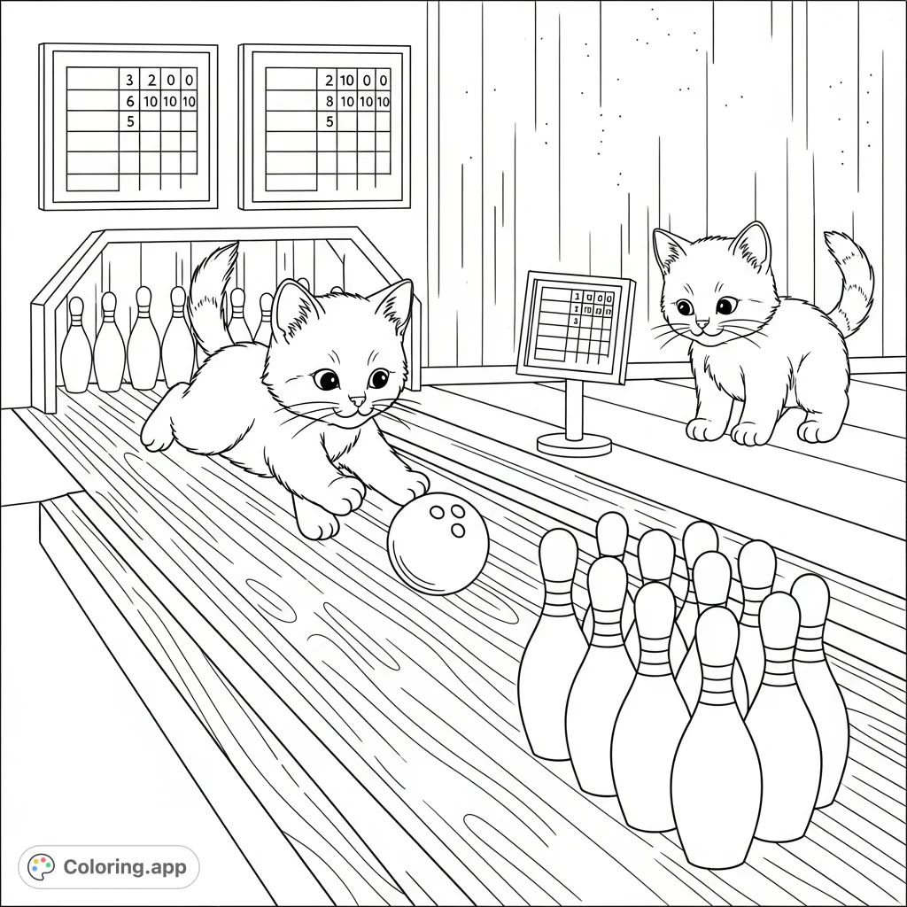 An adorable group of kittens enjoying a lively game of bowling. A fun and whimsical scene perfect for animal lovers and aspiring bowlers.