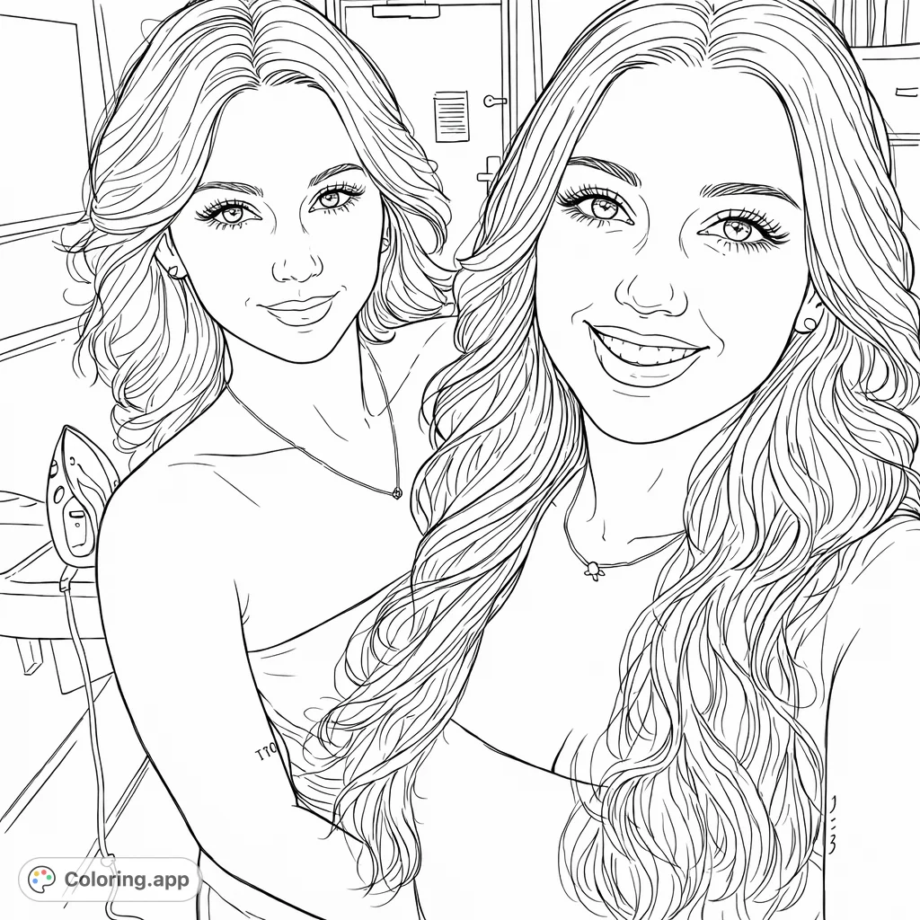 Capture the warmth of friendship with this portrait coloring page featuring two smiling women. Ideal for personal expression and creative relaxation.