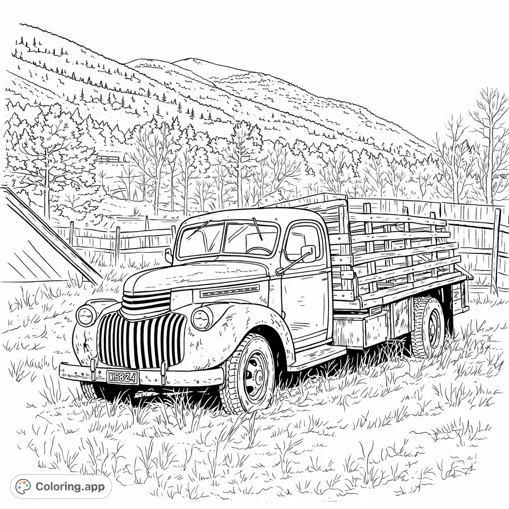 A weathered vintage truck rests in a snowy mountain landscape, surrounded by tall grass and distant peaks. A nostalgic scene awaiting your creative touch.