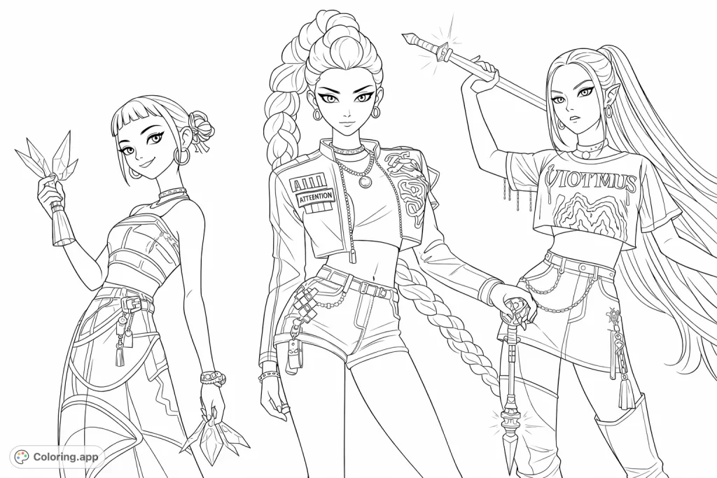 Dynamic coloring page featuring three stylish female characters in unique, detailed outfits with expressive poses. Explore modern fashion and vibrant designs.