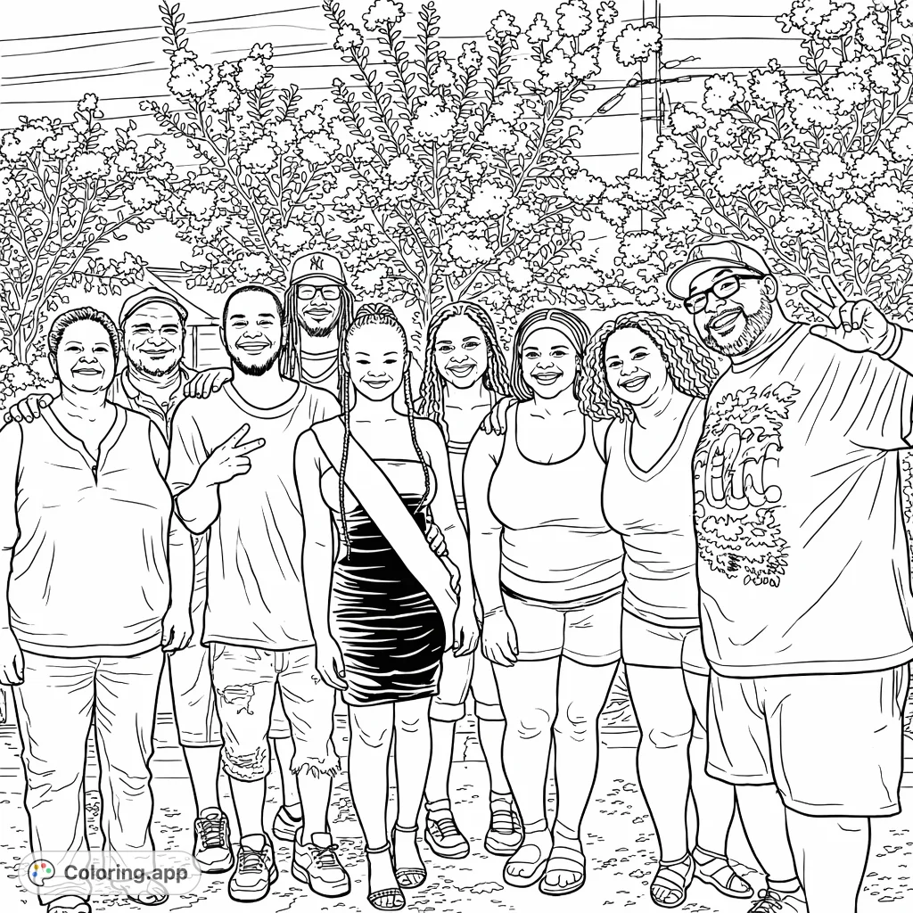A delightful group portrait of nine individuals celebrating outdoors, surrounded by beautiful flowering trees. A detailed coloring page for all ages.