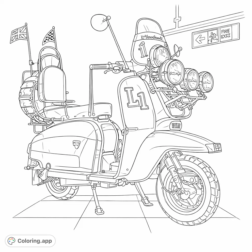 Color a meticulously detailed vintage scooter adorned with chrome accents, classic lines, and a checkered floor, offering a challenging and rewarding creative experience.