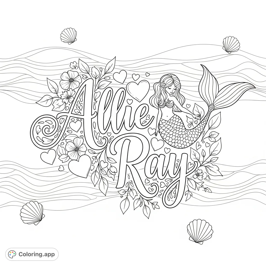 A delightful Allie Ray coloring page featuring elegant cursive, a whimsical mermaid, hearts, flowers, and seashells amidst flowing ocean waves. Perfect for personalization!