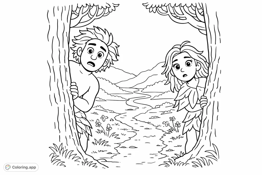 Discover a delightful Garden of Eden coloring page! Two figures peek from behind trees in a simple, beautiful landscape.