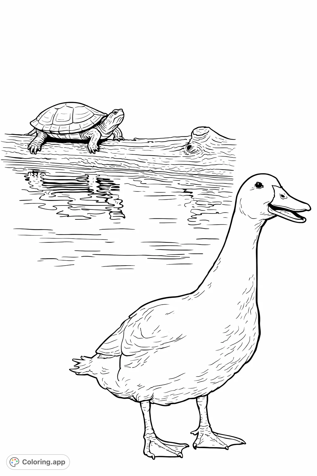 Discover a charming scene with a watchful turtle on a log and a friendly duck. A nature-inspired coloring page for all ages to enjoy creative expression.