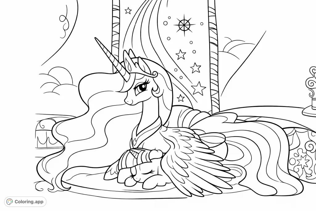 A heartwarming scene of two royal alicorn ponies, one nestled comfortably under the wing of the other, creating a tranquil and affectionate moment perfect for coloring.