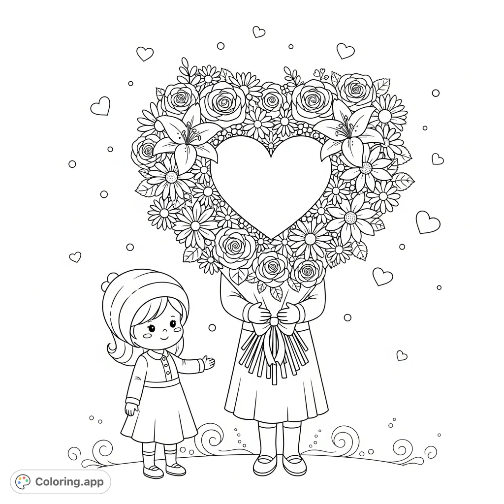 A charming sweetheart presents a beautiful heart-shaped flower bouquet, surrounded by delicate romantic patterns, perfect for a heartwarming Valentine's Day coloring page.