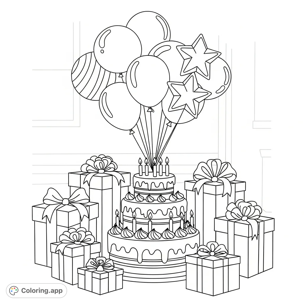 Celebrate a special day with this birthday coloring page featuring a festive cake, stacked gifts, and a cluster of balloons, ready for your creative touch.