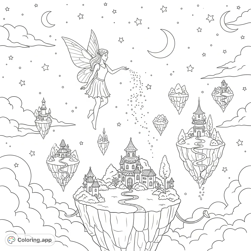 A magical fairy gently floats above whimsical islands under a dazzling starry night, leaving trails of sparkling dust. Perfect for fantasy enthusiasts.