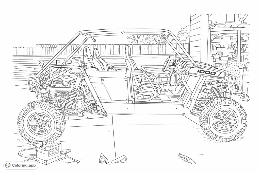 A detailed line art of a powerful off-road UTV under construction, featuring exposed engine parts, a robust roll cage, and large tires, set in a workshop environment.