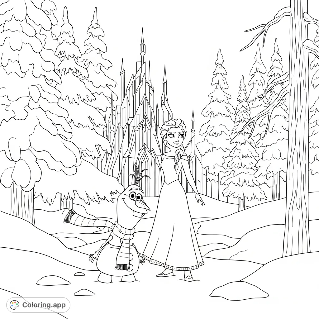 Elsa and Olaf stand by a grand ice castle in a snowy forest, with Olaf wearing a scarf. A magical frozen scene perfect for coloring.