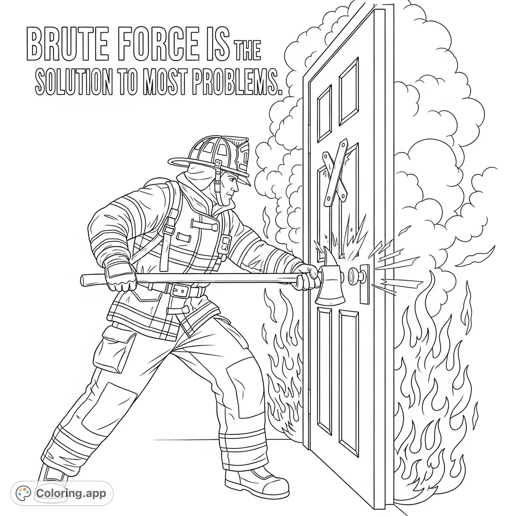 A powerful firefighter in full gear forces entry into a blazing structure, with the motivational quote 'Brute force is the solution to most problems' displayed.