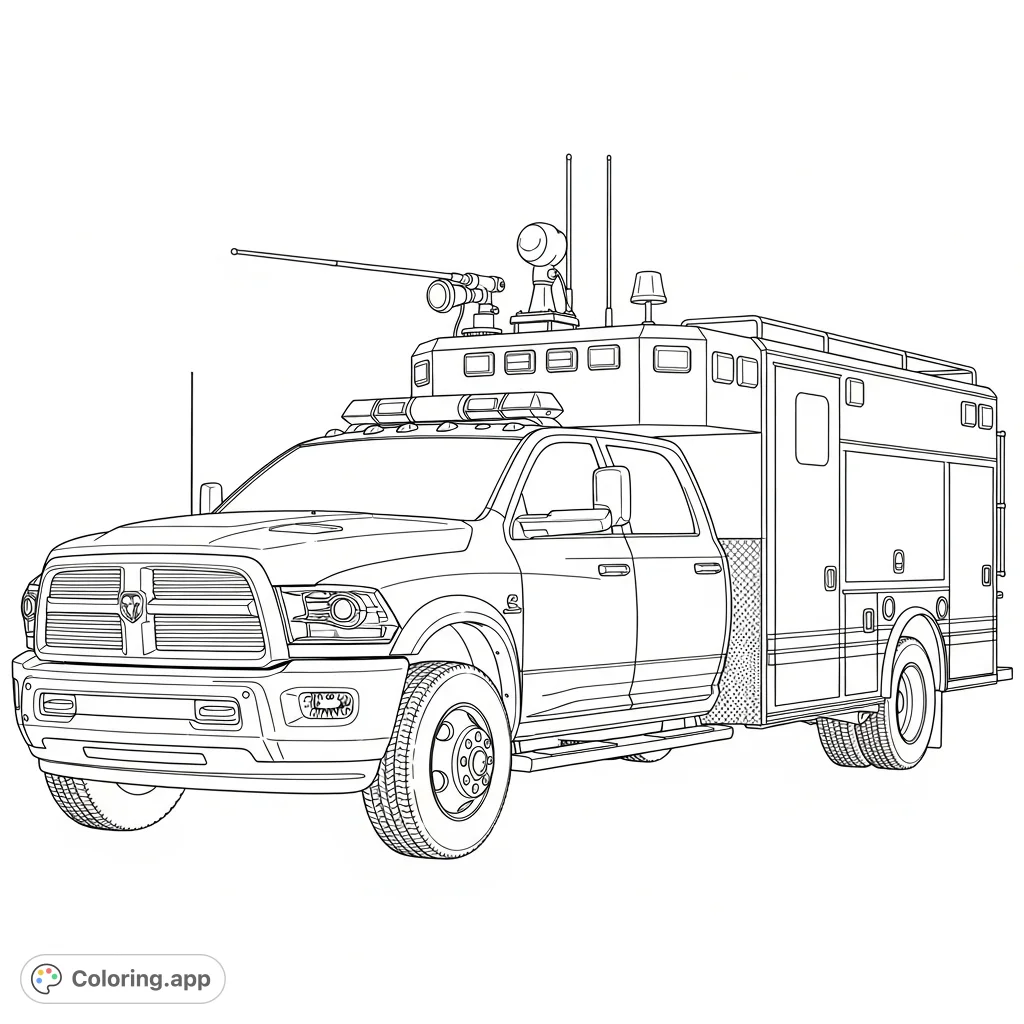 Color a powerful 2019 Dodge Ram command fire truck, featuring intricate details of its specialized body, emergency equipment, and robust design. Perfect for vehicle enthusiasts!